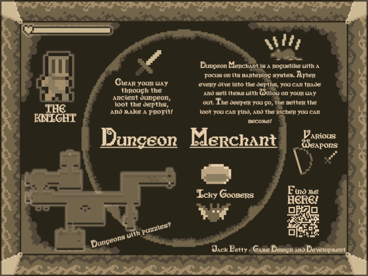 A double page spread containing information about the game Dungeon Merchant.